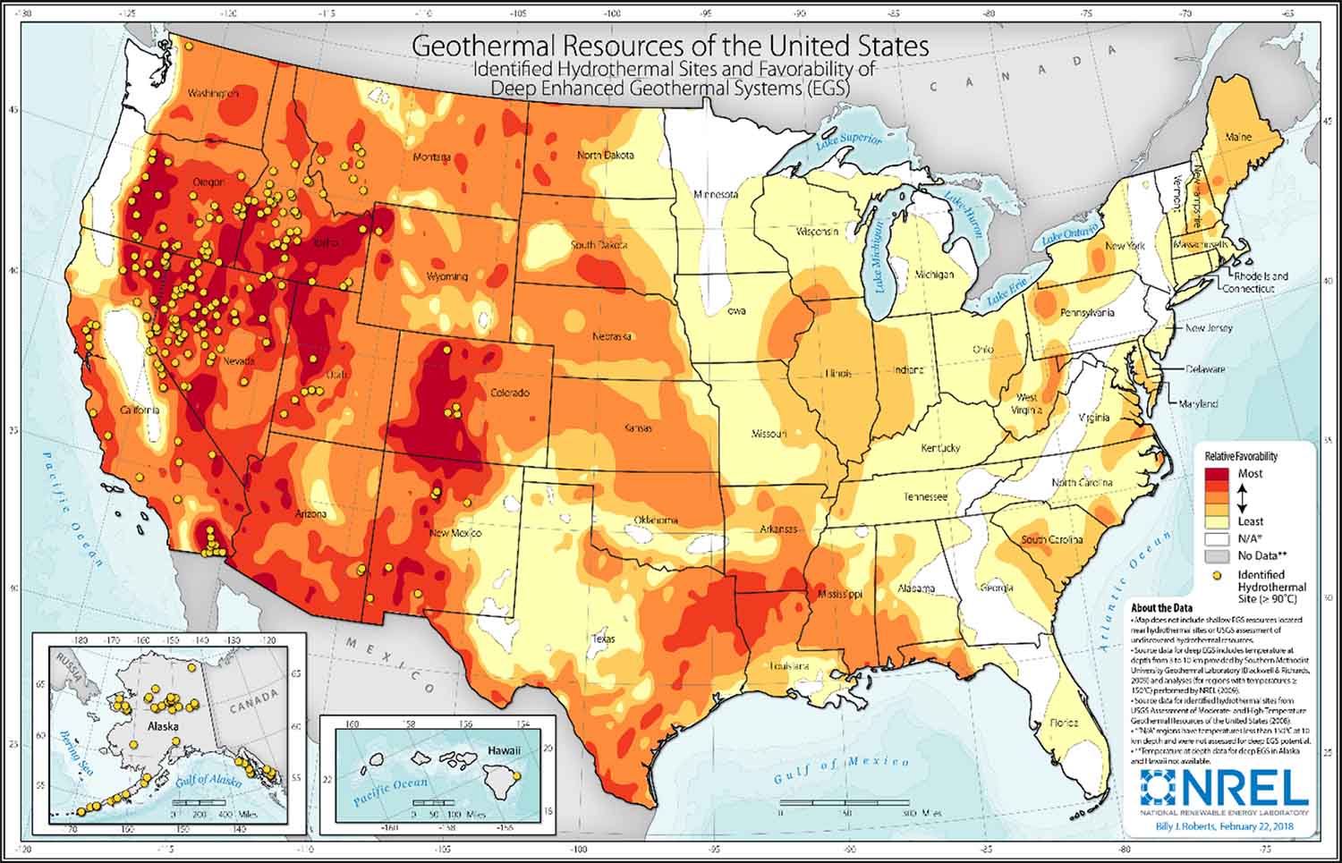 earthshot-analysis-featured-pub U.S. map colored with potential geothermal hotspots.